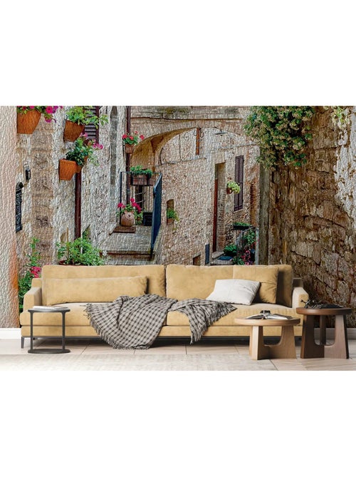 Papier Peint  village maisons en pierre et plantes suspendues - 360 x 254 cm - Kiabi