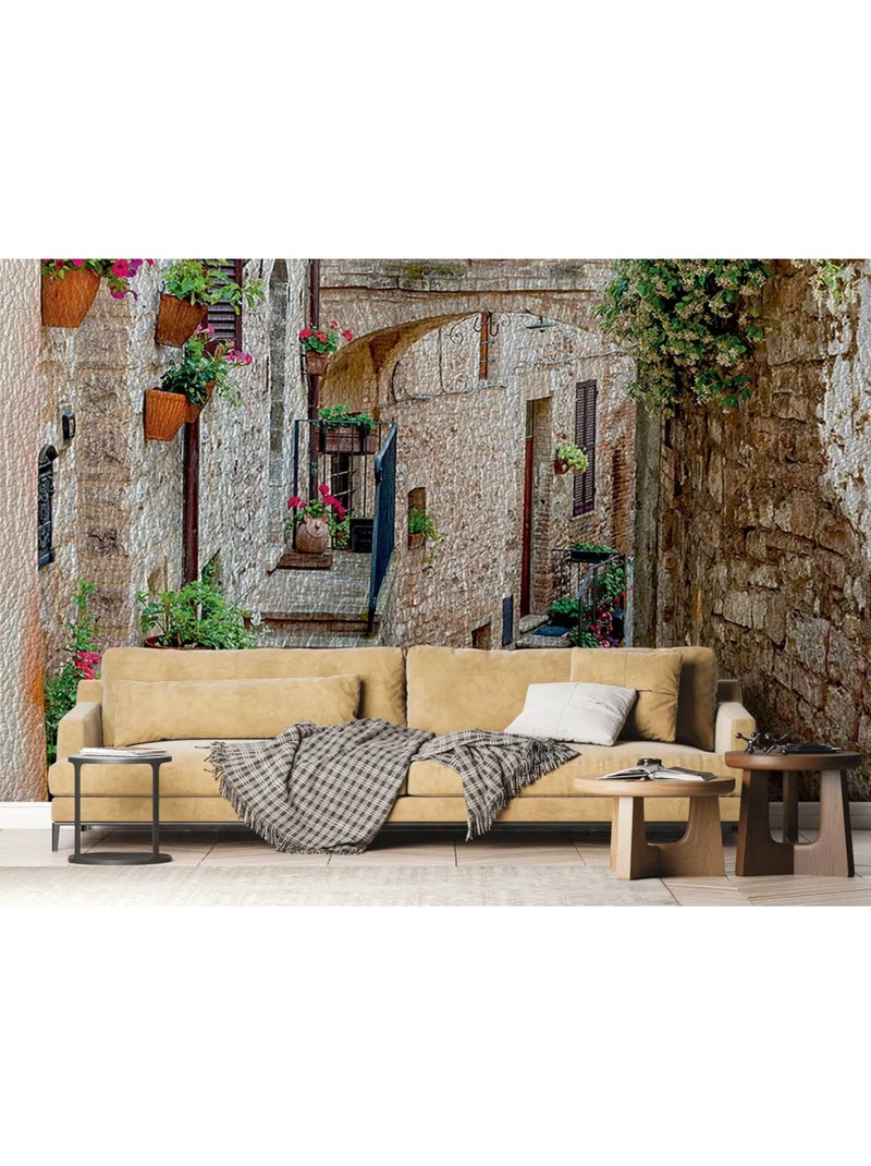 Papier Peint  village maisons en pierre et plantes suspendues - 360 x 254 cm Multicolore - Kiabi