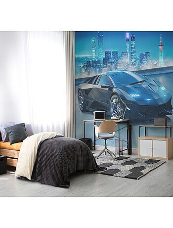 Papier peint Voiture de course noire et gratte-ciels - Walltastic 305x244 cm