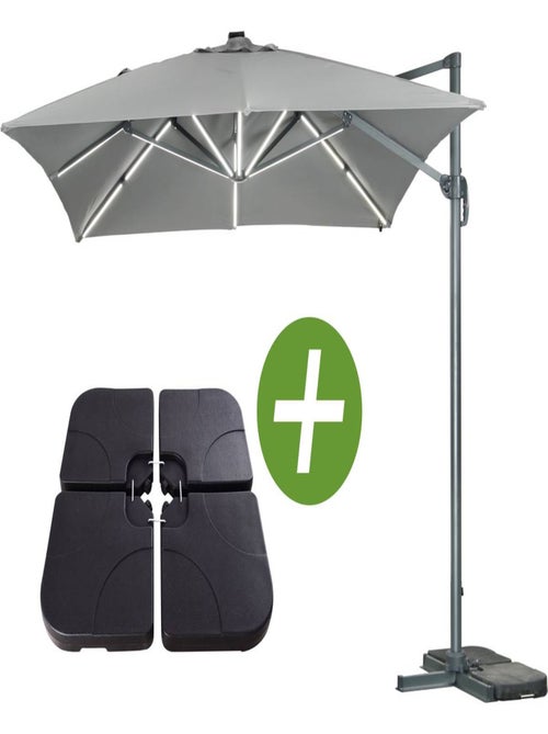 Parasol déporté LED Alu "Sun 3 Luxe" 3 x 3 m - Gris + Dalles à lestées - Kiabi