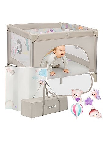 Parc bébé 100x100cm LIONELO Mille - Matelas haute densité - Roulettes - Jouets à velcro - 0-36 mois