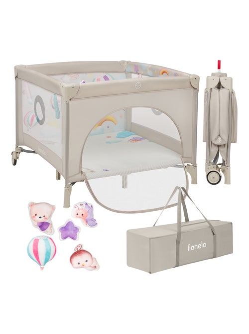 Parc bébé 100x100cm LIONELO Mille - Matelas haute densité - Roulettes - Jouets à velcro - 0-36 mois - Kiabi