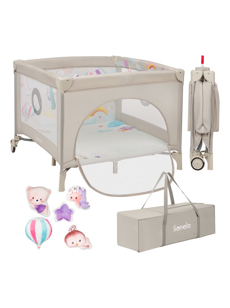 Parc bébé 100x100cm LIONELO Mille - Matelas haute densité - Roulettes - Jouets à velcro - 0-36 mois Beige - Kiabi