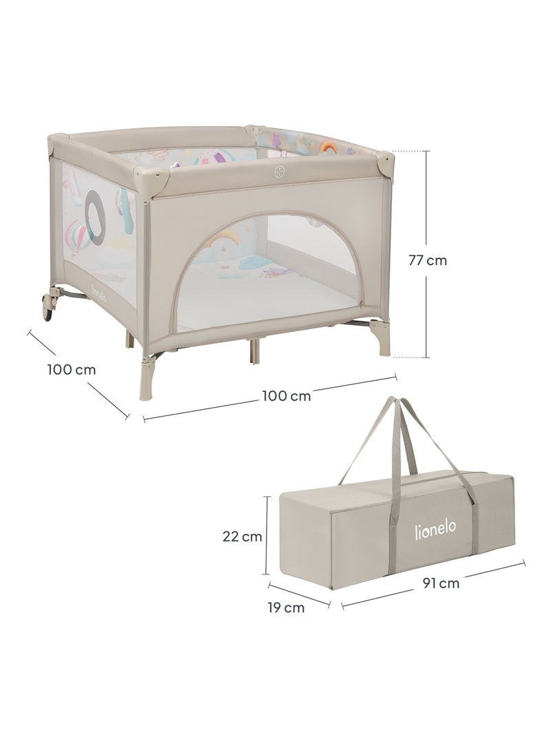 Parc bébé 100x100cm LIONELO Mille - Matelas haute densité - Roulettes - Jouets à velcro - 0-36 mois Beige - Kiabi