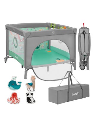 Parc bébé 100x100cm LIONELO Mille - Matelas haute densité - Roulettes - Jouets à velcro - 0-36 mois