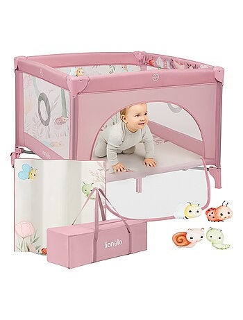 Parc bébé 100x100cm LIONELO Mille - Matelas haute densité - Roulettes - Jouets à velcro - 0-36 mois