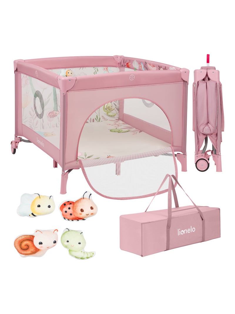 Parc bébé 100x100cm LIONELO Mille - Matelas haute densité - Roulettes - Jouets à velcro - 0-36 mois Rose - Kiabi