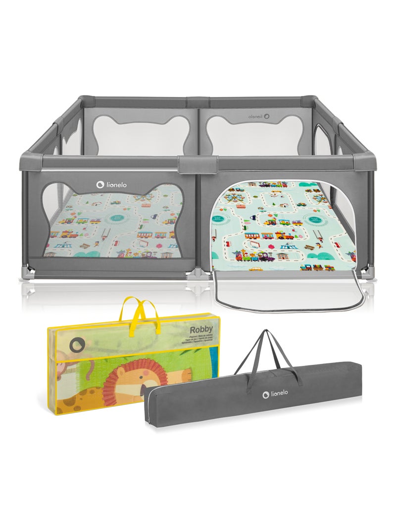 Parc bébé avec tapis LIONELO Willow - 187 x 207 cm - Bonne isolation du sol - Tapis double face Gris - Kiabi
