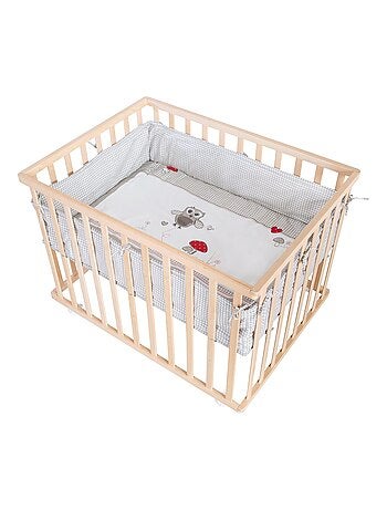Parc bébé en hêtre massif bio + Tapis 'Adam et Eule' et roulettes - ROBA