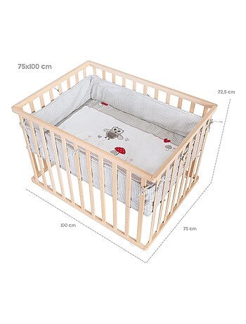 Parc bébé en hêtre massif bio + Tapis 'Adam et Eule' et roulettes - ROBA