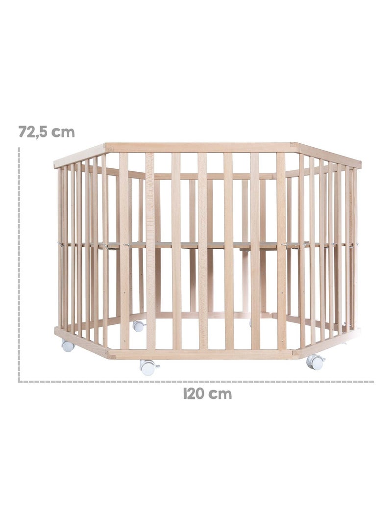 Parc bébé hexagonal en bois massif avec roulettes à freins + Tapis à brods 'Roba jumbo twins' Marron - Kiabi