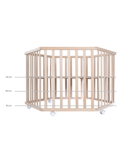 Parc bébé hexagonal en bois massif avec roulettes à freins + Tapis à brods 'Roba jumbo twins' - Kiabi