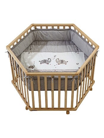 Parc bébé hexagonal en bois + tapis imprimé éléphant 'jumbotwins' ROBA
