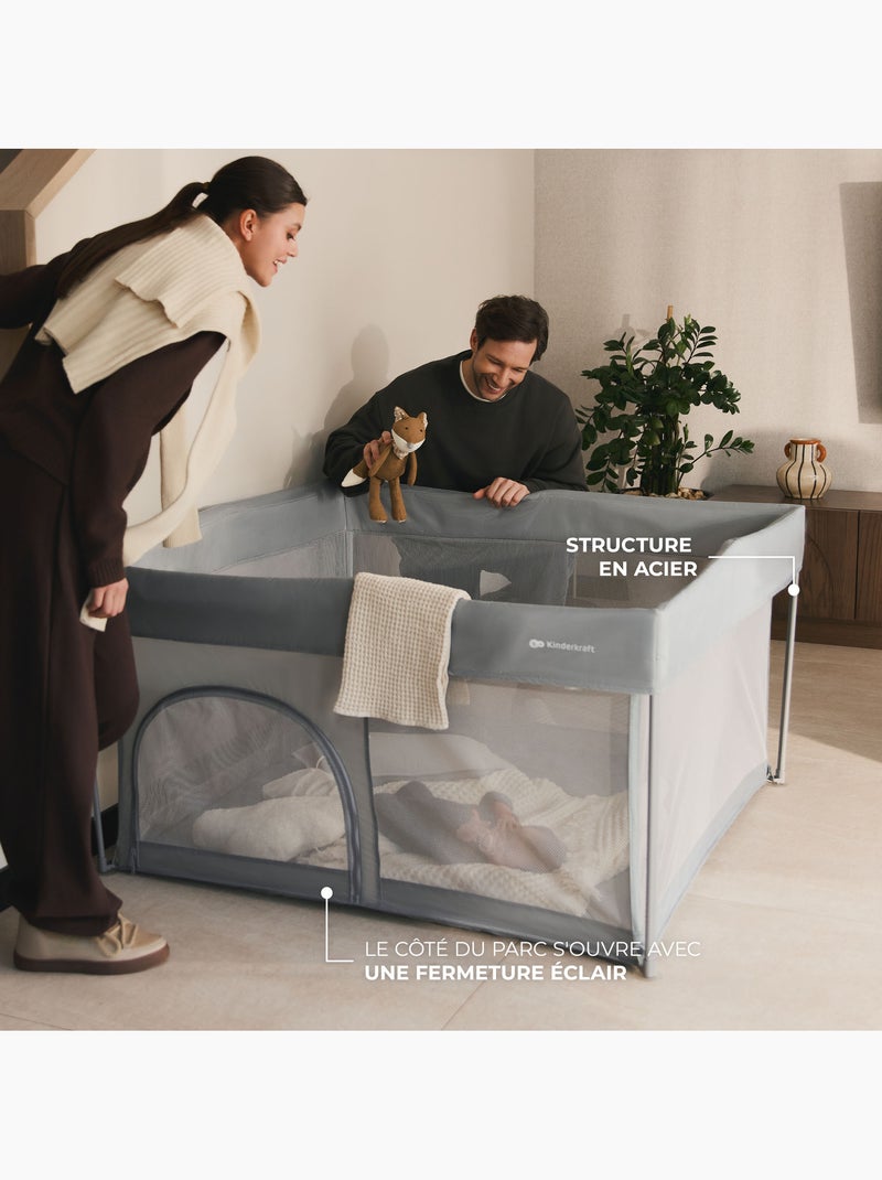 Parc bébé Kinderkraft ZIKI pliable avec entrée zippée, maille respirante et cadre en acier Gris - Kiabi
