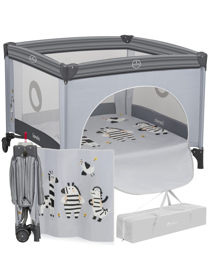 Parc Bébé LIONELO Bonnie - 100x96 cm - Matelas confortable - Roulettes - Sac de transport Gris Gris - Kiabi