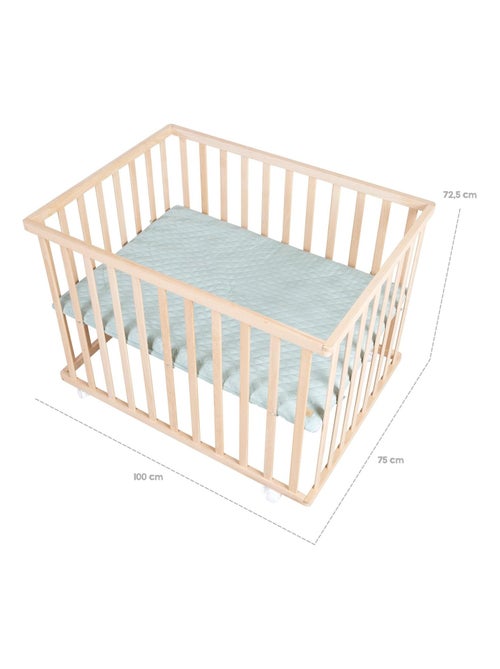 Parc bébé rectangulaire en hêtre massif bio avec Tapis déperlant et roulettes 'Roba roba style' - Kiabi