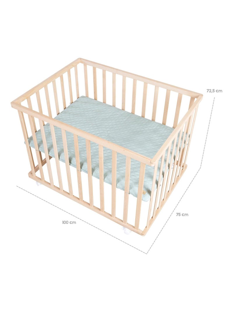 Parc bébé rectangulaire en hêtre massif bio avec Tapis déperlant et roulettes 'Roba roba style' Marron clair - Kiabi