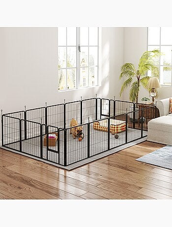 Parc enclos chien 16 panneaux modulables porte acier époxy noir