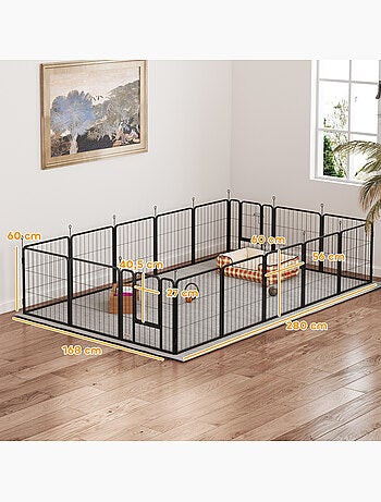 Parc enclos chien 16 panneaux modulables porte acier époxy noir