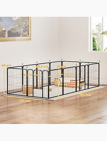Parc enclos chien modulable pliable 12 panneaux acier noir