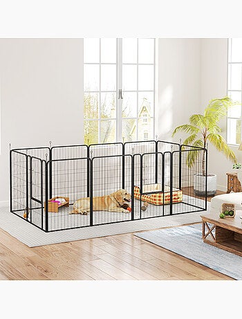 Parc enclos chien modulable pliable 12 panneaux porte acier époxy noir