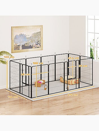 Parc enclos chien modulable pliable 12 panneaux porte acier époxy noir