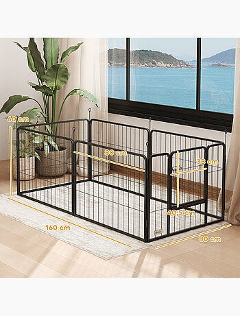 Parc enclos chien modulable pliable 6 panneaux porte acier noir