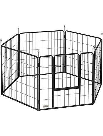 Parc enclos chien modulable pliable 6 panneaux porte acier noir