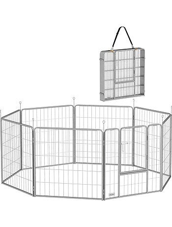 Parc enclos chien modulable pliable 8 panneaux acier gris