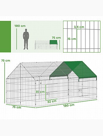Parc enclos extérieur lapin verrouillable toit incliné acier vert