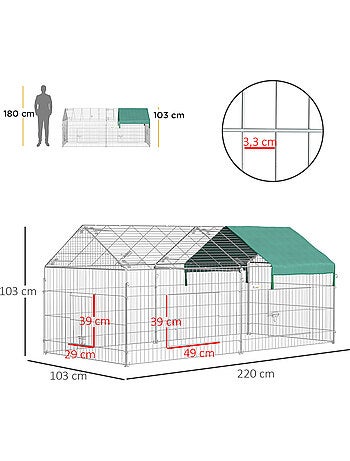 Parc enclos métal cage extérieure 3 portes et trappe surface abrité pe