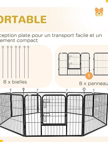 Parc enclos modulable 8 panneaux - porte - acier époxy noir