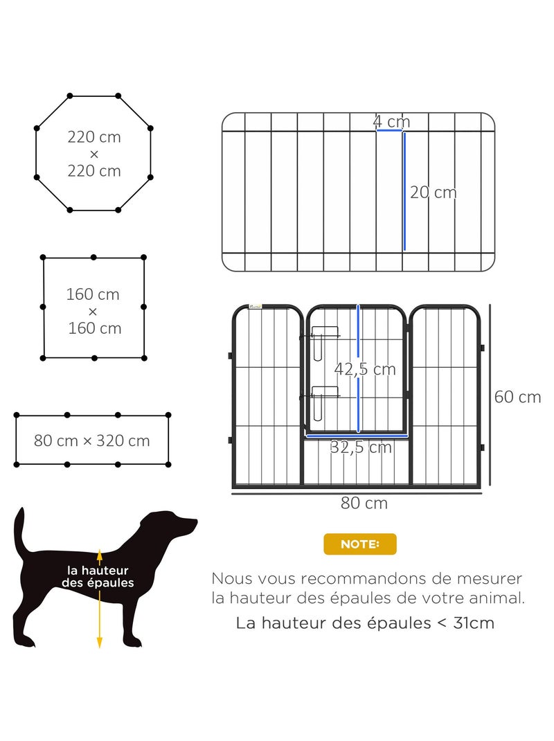 Parc enclos modulable 8 panneaux - porte - acier époxy noir Noir - Kiabi