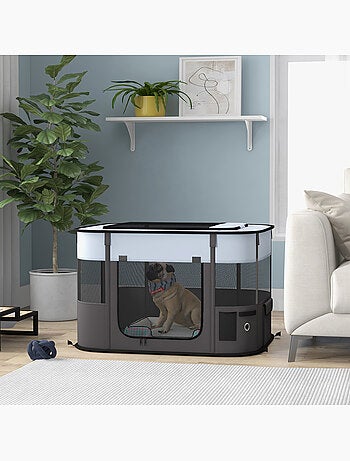 Parc pliable pour chien en tissu oxford - fenêtres, portes, sac rangement - gris noir