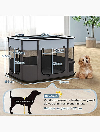 Parc pliable pour chien en tissu oxford - fenêtres, portes, sac rangement - gris noir