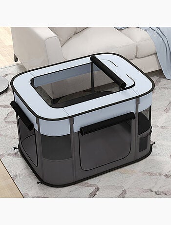 Parc pliable pour chien en tissu oxford - fenêtres, portes, sac rangement - gris noir