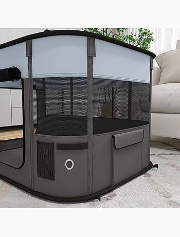 Parc pliable pour chien en tissu oxford - fenêtres, portes, sac rangement - gris noir