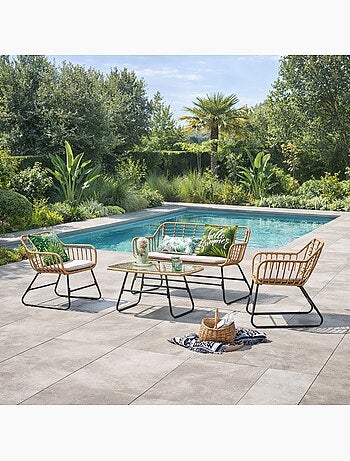 PAREA Salon de jardin 4 places en rotin et acier beige et noir