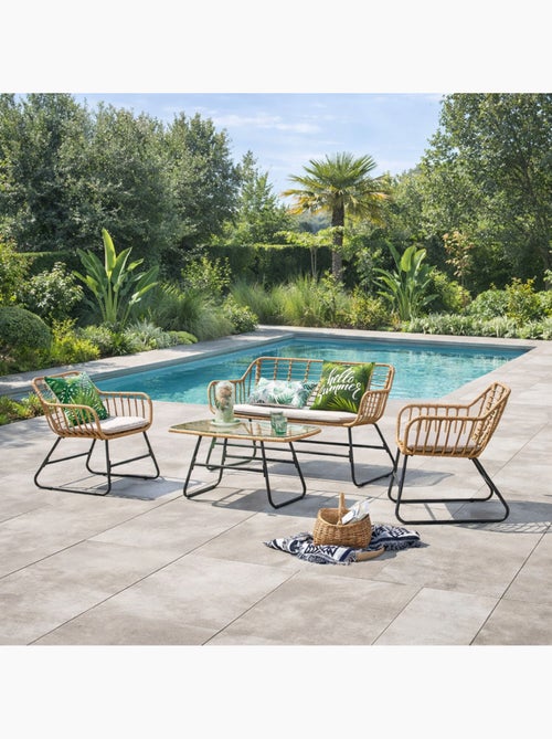 PAREA Salon de jardin 4 places en rotin et acier beige et noir - Kiabi