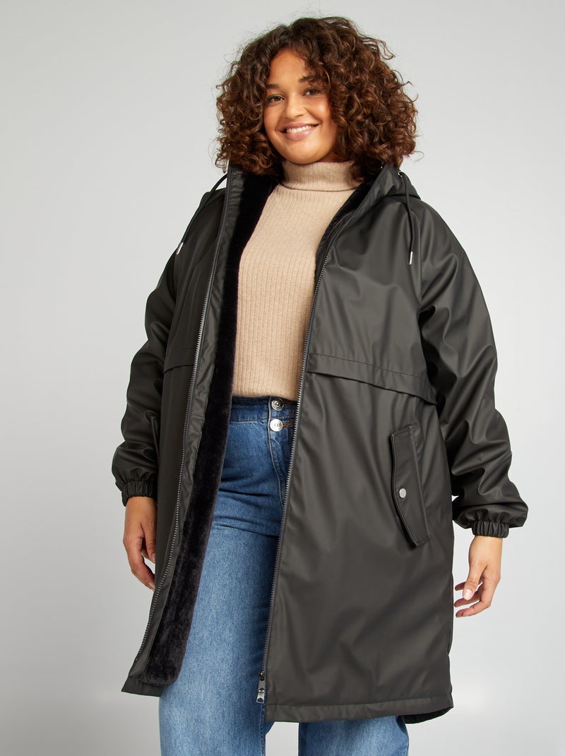 Parka cirée doublée fausse fourrure corps et capuche noir - Kiabi