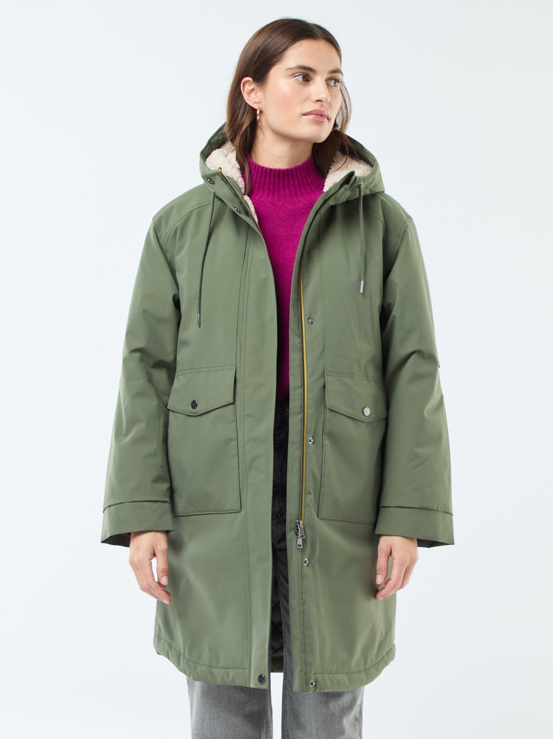 Parka longue à capuche doublure effet moutonné Vert Femme