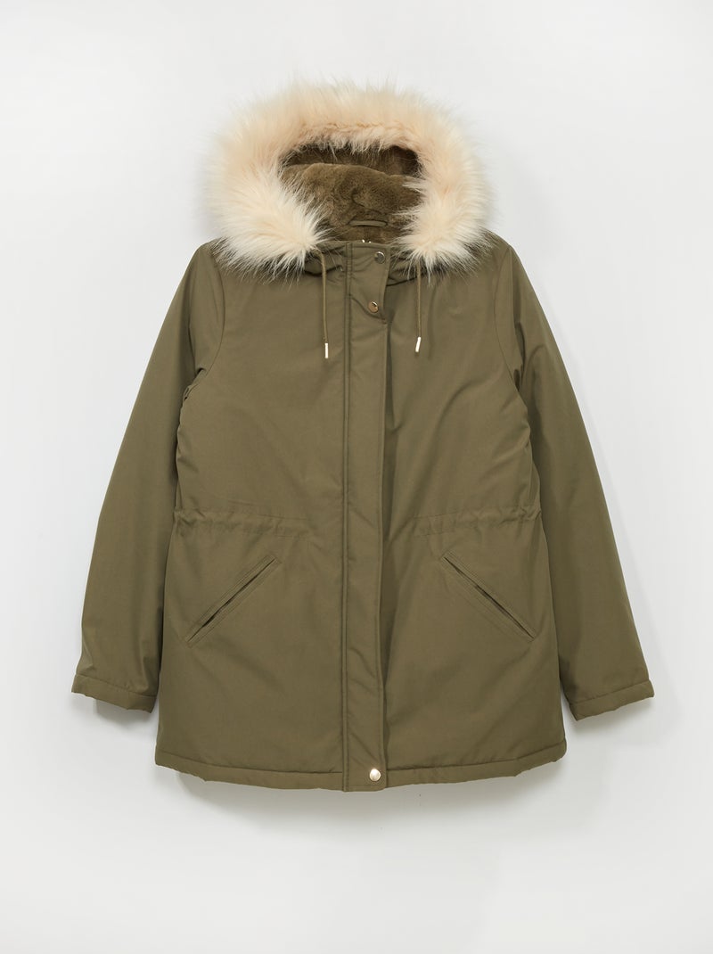 Parka longue déperlante avec capuche Kaki - Kiabi