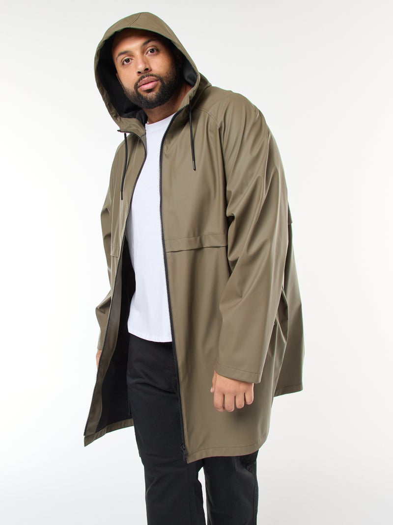 Parka unie longue et déperlante à capuche Kaki - Kiabi