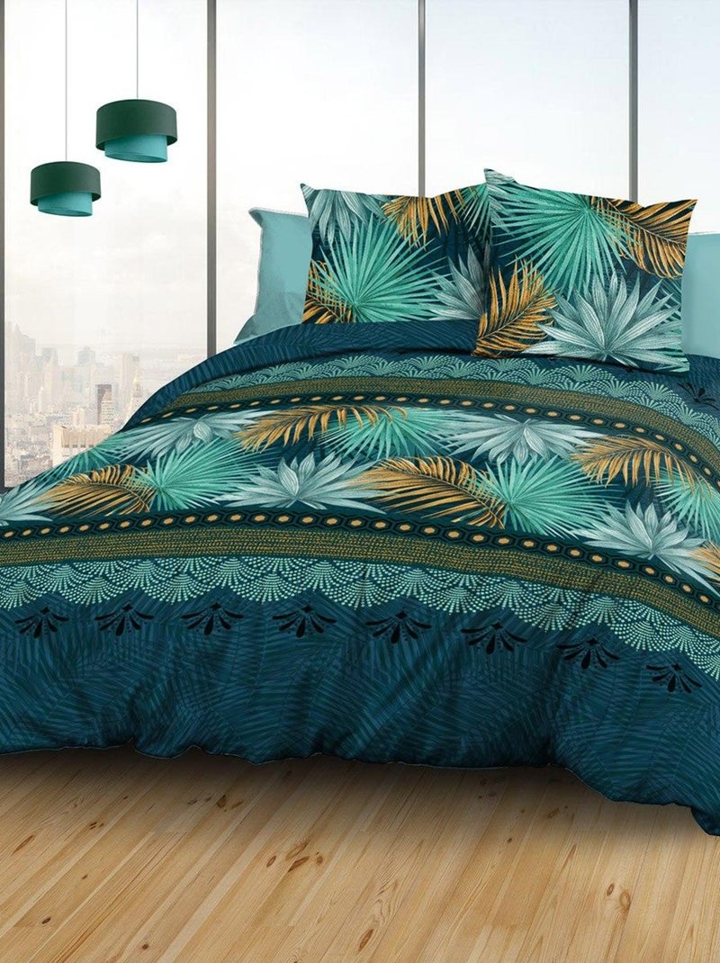 Parure 4 pièces Paraiso 2 personnes 100% coton 57 fils Bleu - Kiabi