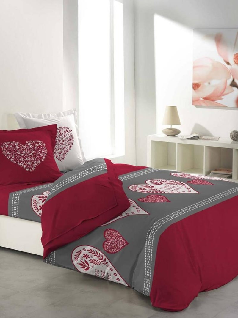Parure 4 pièces Sweet Heart 2 personnes 100% coton flanelle DH140 Rouge - Kiabi