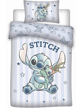 Parure Bébé Disney Stitch 100x140cm + Taie 40x60cm – Rayures Bleu Doux – 100% Coton – Licence Offici