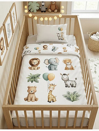 Parure Bébé Safari 100x140cm + Taie 40x60cm – Animaux Aquarelle Lion Éléphant Girafe – 100% Coton