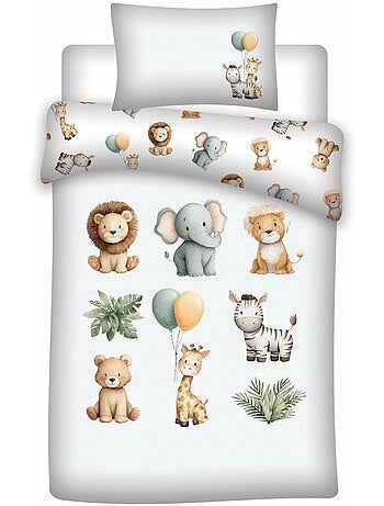 Parure Bébé Safari 100x140cm + Taie 40x60cm – Animaux Aquarelle Lion Éléphant Girafe – 100% Coton