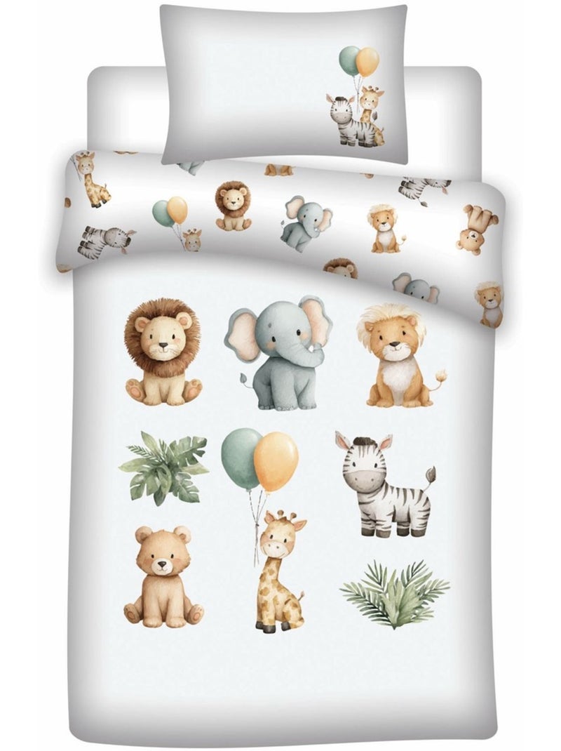 Parure Bébé Safari 100x140cm + Taie 40x60cm – Animaux Aquarelle Lion Éléphant Girafe – 100% Coton Beige/Blanc - Kiabi