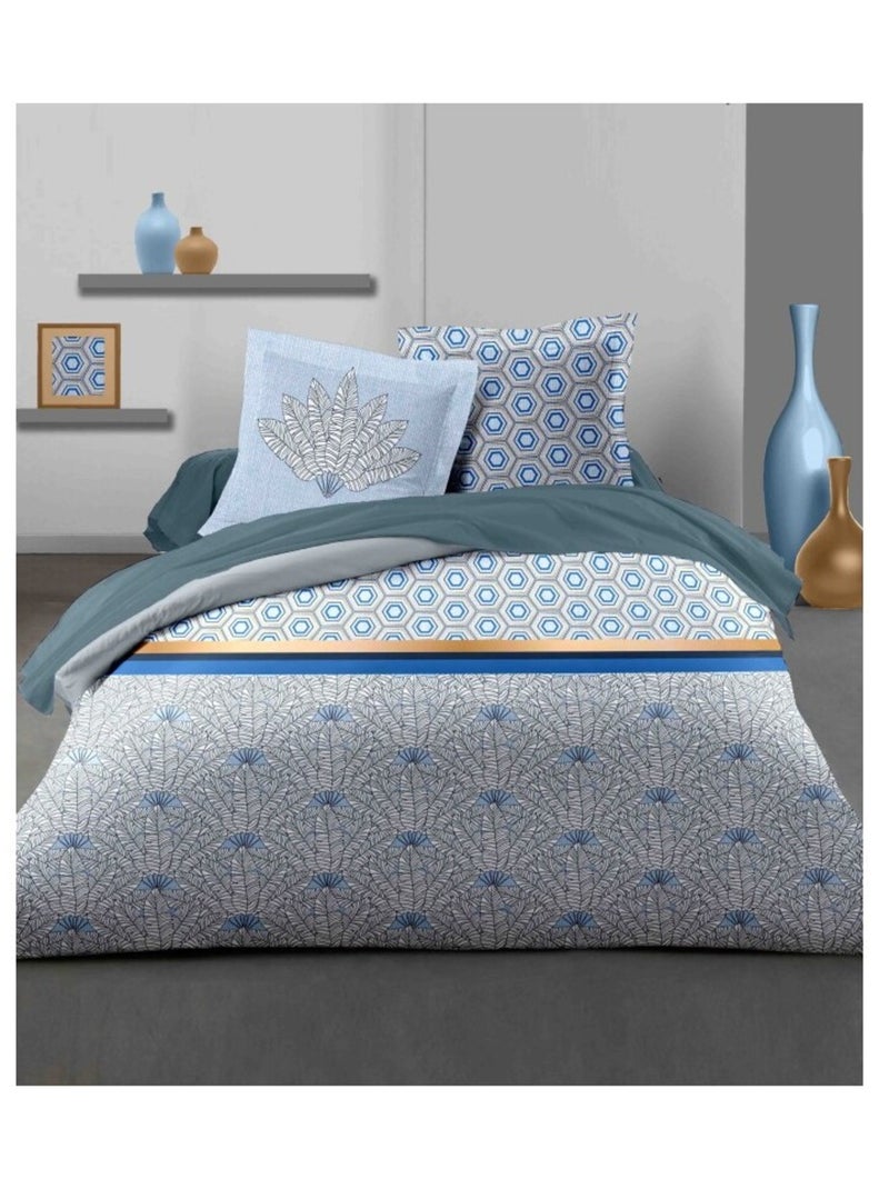 Parure de couette  100%  coton 57 fils      - LOUXOR Bleu - Kiabi